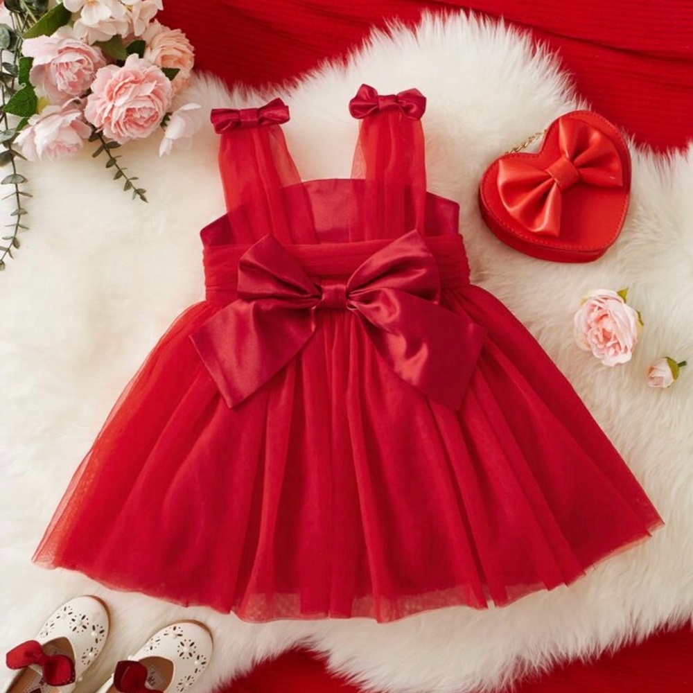 Baby Girl Elegant Red Tulle Dress with Bows
